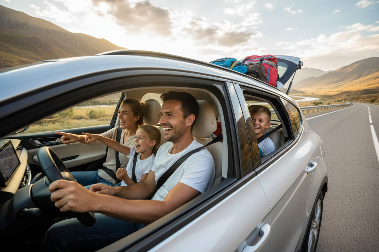 Quiero que diseñes a una familia feliz viajando en un carro